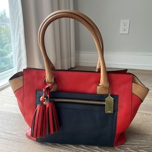 COACH Leather Top Handle Brief in Red and Navy